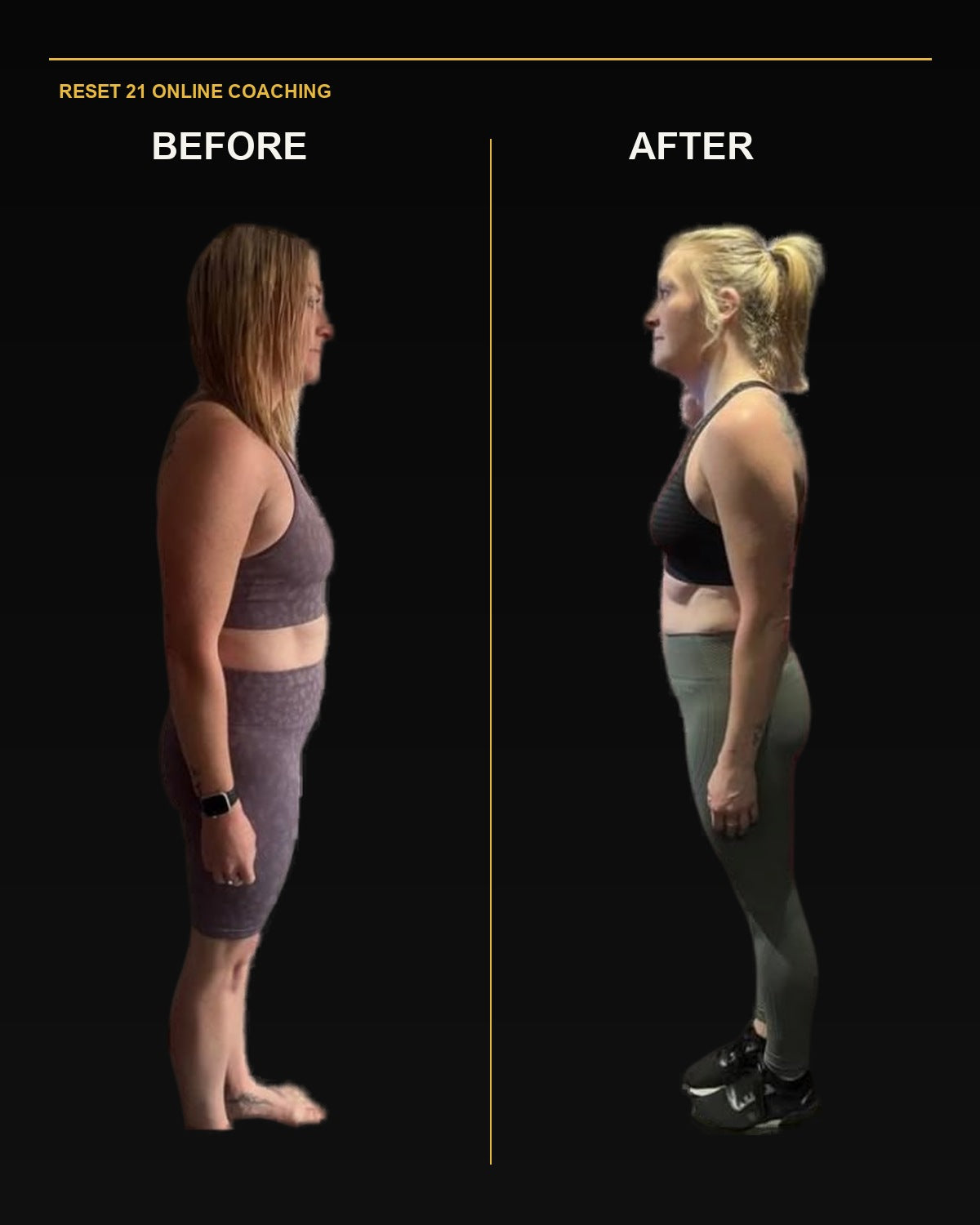 Reset 21 online coaching client shown in complete before and after full-body views
