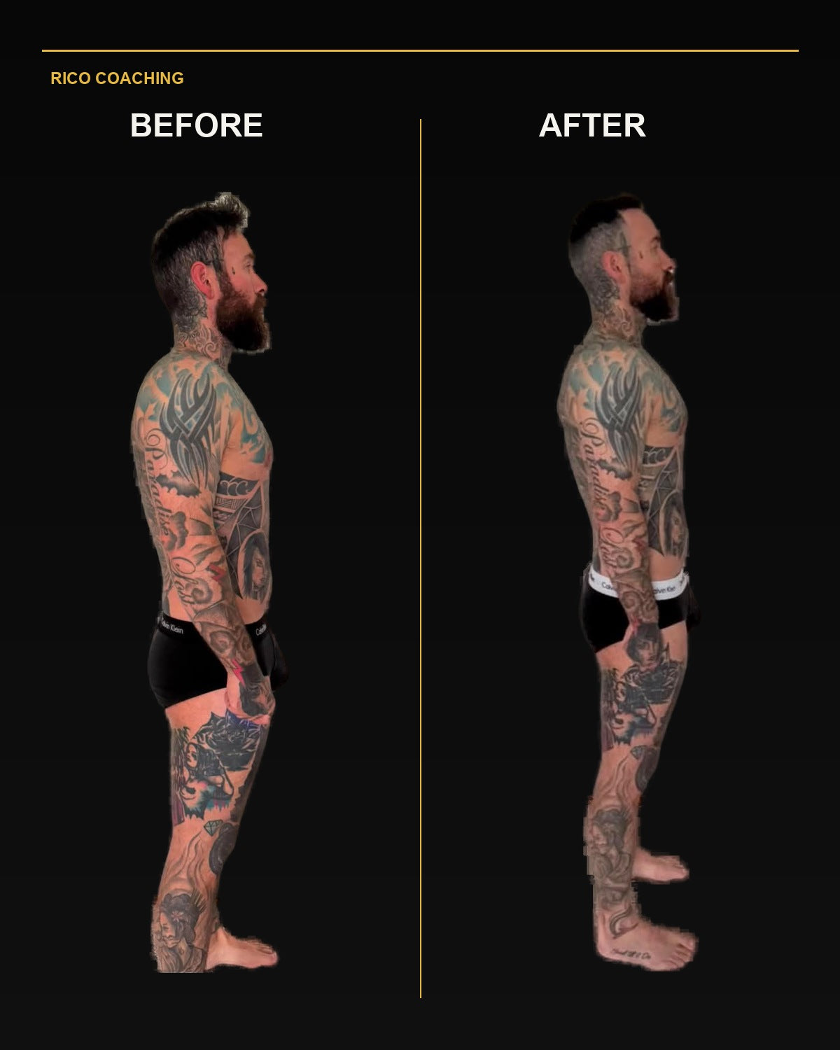 Rico coaching client shown before and after a structured training programme